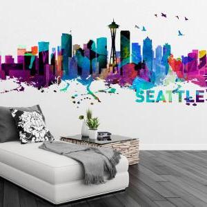 Seattle Washington Skyline Watercolor Art Decal..