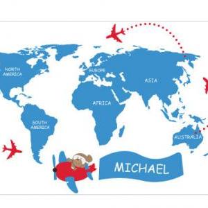 Kids World Map With Custom Name Sticker Decor For..