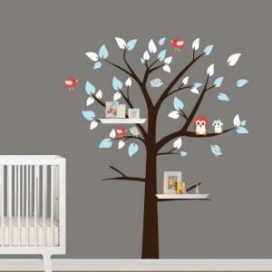 Shelving Tree With Birds And Owl Vinyl Wall Decal..