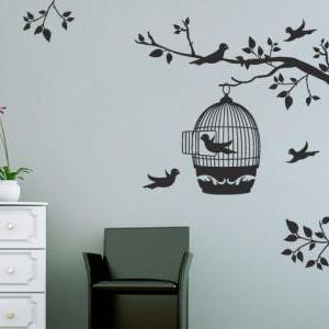 Floral Wall Decal Birds Cage In Tree Sticker Wall..