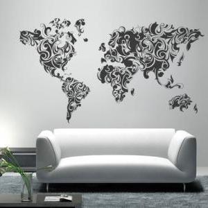 World Map Tribal Floral Design Decal For..