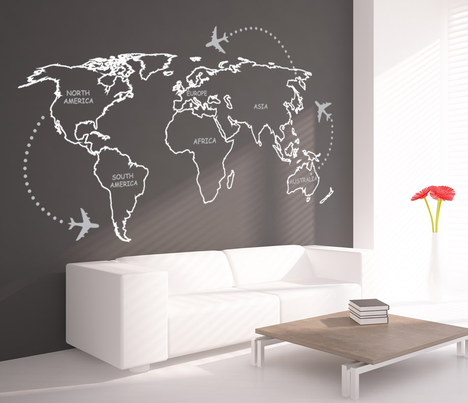 World Map Outlines with Continents Decal Sticker Wall Map Decoration