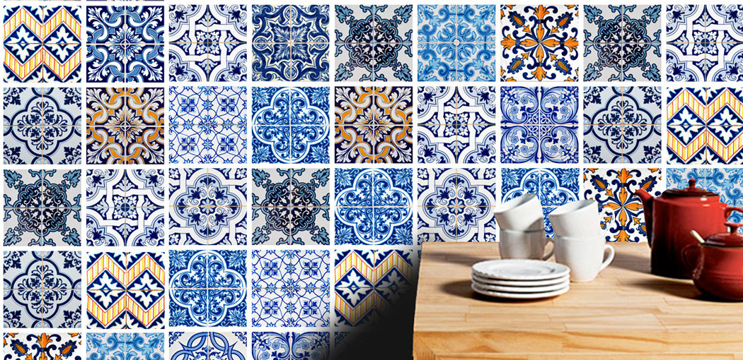 Tile Tattoo Stickers Blue Tiles for kitchen or Bathroom Makeover (Pack with 48)