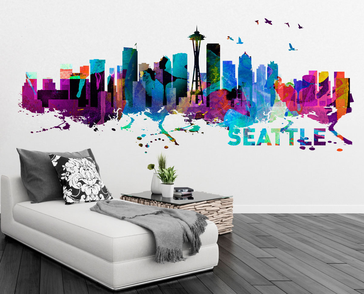 Seattle Washington Skyline Watercolor Art Decal Sticker For Housewares
