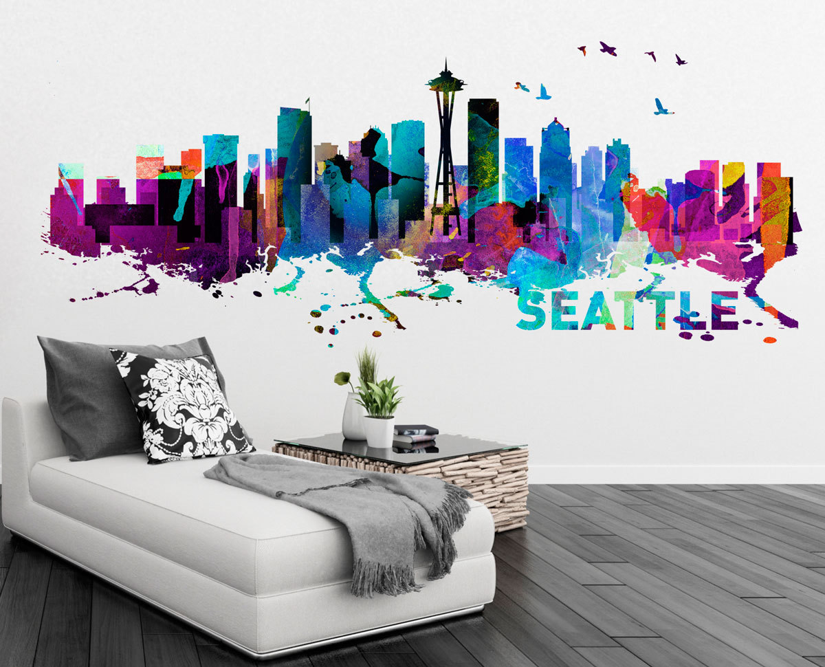 Seattle Washington Skyline Watercolor Art Decal Sticker For Housewares On Luulla