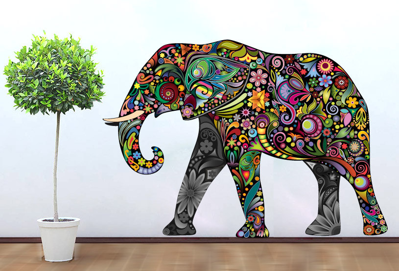 Colorful Floral Elephant Vinyl Wall Art Decal Print Sticker Home Design