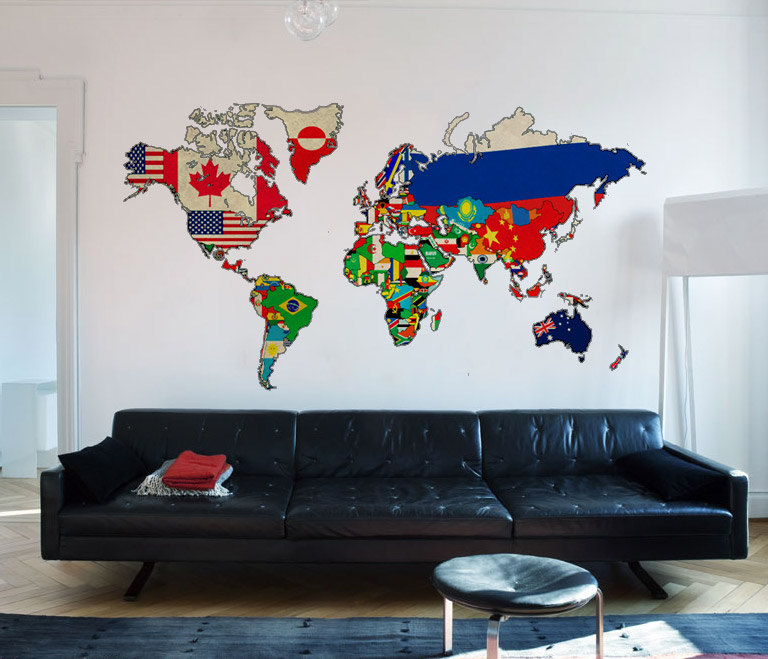 Vintage Flags World Map Art Print Sticker Antique Decal for Housewares