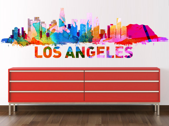 Los Angeles Skyline Watercolor Decal Art Print L.a. City Sticker For Modern Homes