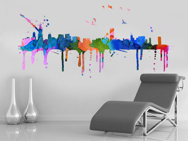 Chicago Skyline Watercolor Print Art Vinyl Wall Decal For Housewares