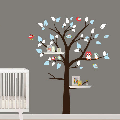 Shelving Tree With Birds And Owl Vinyl Wall Decal For Housewares
