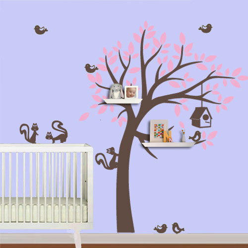 Wall Decal Shelving Tree Sticker With Squirrels For Kids Bedroom