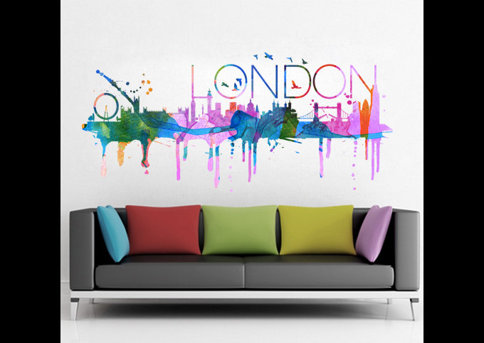 London City Skyline Watercolor Vinyl Wall Decal Art Print Decor