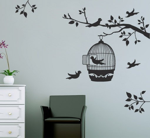 Floral Wall Decal Birds Cage In Tree Sticker Wall Art Vinyl