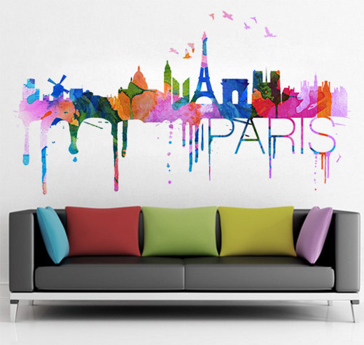 Paris Skyline Watercolor Decal Wall Art Print Decor Sticker