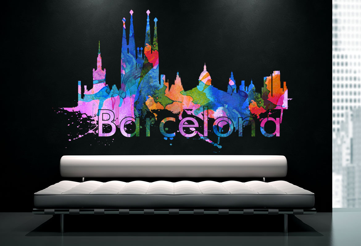 Barcelona City Skyline Watercolor Art Decal Print Home Design