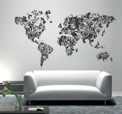 World Map Tribal Floral Design Decal For Housewares