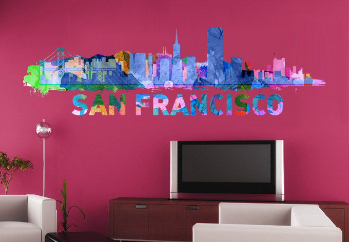 San Francisco Skyline Art Watercolor Print Decal for Housewares