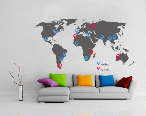 World Map Decal With Pins For Housewares