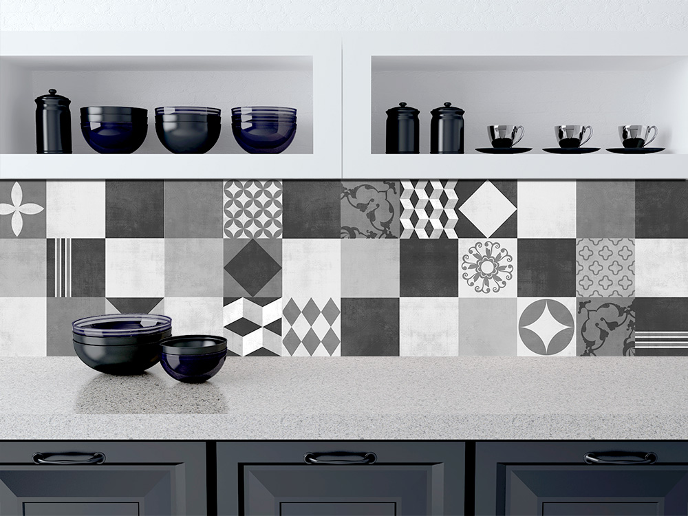 Geometric Graphite Tiles Stickers Art Prime for Kitchen Decoration (Pack of 48) - 4 x 4 inches