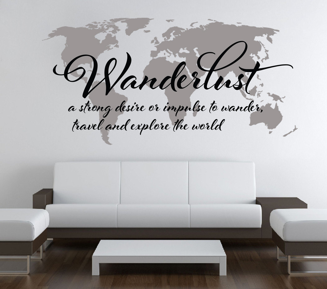 Wall Decal Quotes - Wanderlust Travel Quote World Map Wall Art Decal